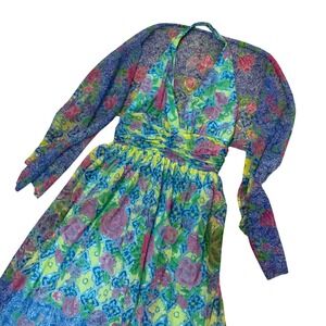 Vintage 60s Floral Halter Maxi Dress Long Sleeve Sheer Summer Party Gown XXS